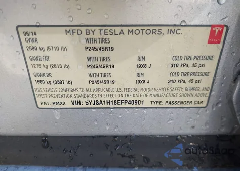 2014 Tesla Model S P85 z USA, uszkodzony, nr VIN 5YJSA1H18EFP40901